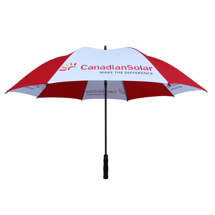 Branded Promotional Umbrellas red and white color golf umbrella 8 rib fiberglass windproof umbrella