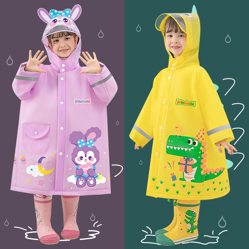 EVA Children's raincoat cartoon cute thick button three-dimensional backpack with reflective strip cartoon enlarge brim