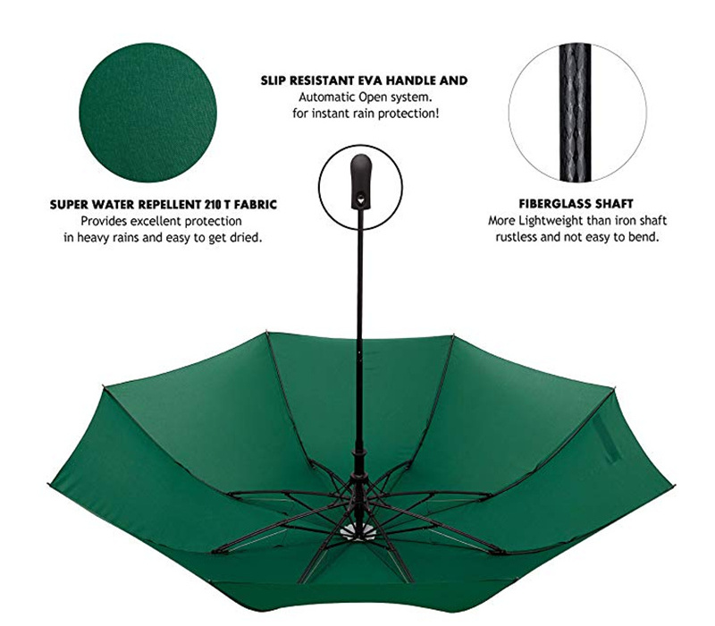 2 Fold Umbrella Logo Umbrella Customized Green 27inch Big Size with Print Auto Open Rubber Straight Handle Double Fiberglass