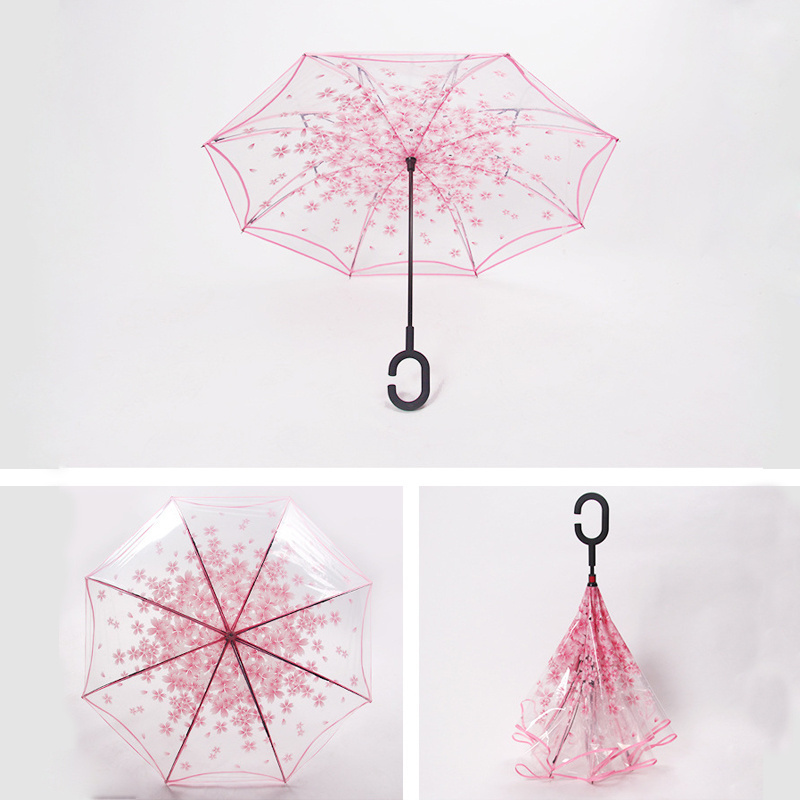 23inch 8K Promotion Logo Customized Eco friendly Straight POE Sakura Transparent Reverse automatic umbrella