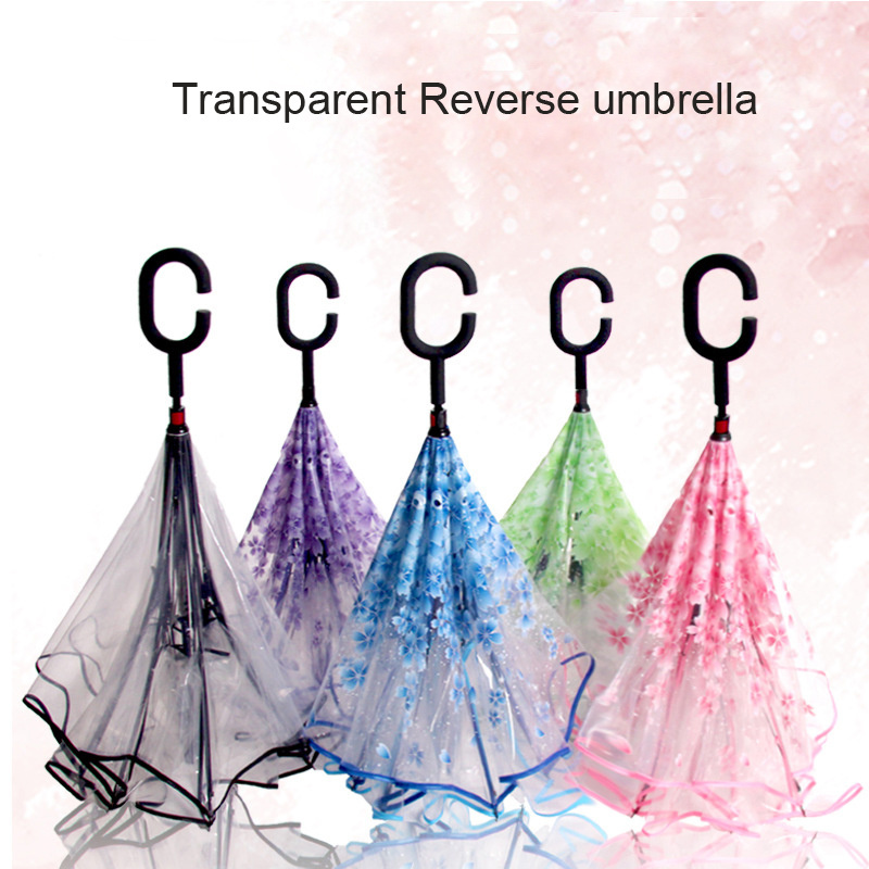 23inch 8K Promotion Logo Customized Eco friendly Straight POE Sakura Transparent Reverse automatic umbrella