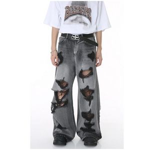 Oem Custom Mens Heavy Cotton Wide Leg Baggy Jeans Designer Black Blank Denim Stacked Loose Jeans Pants For Men