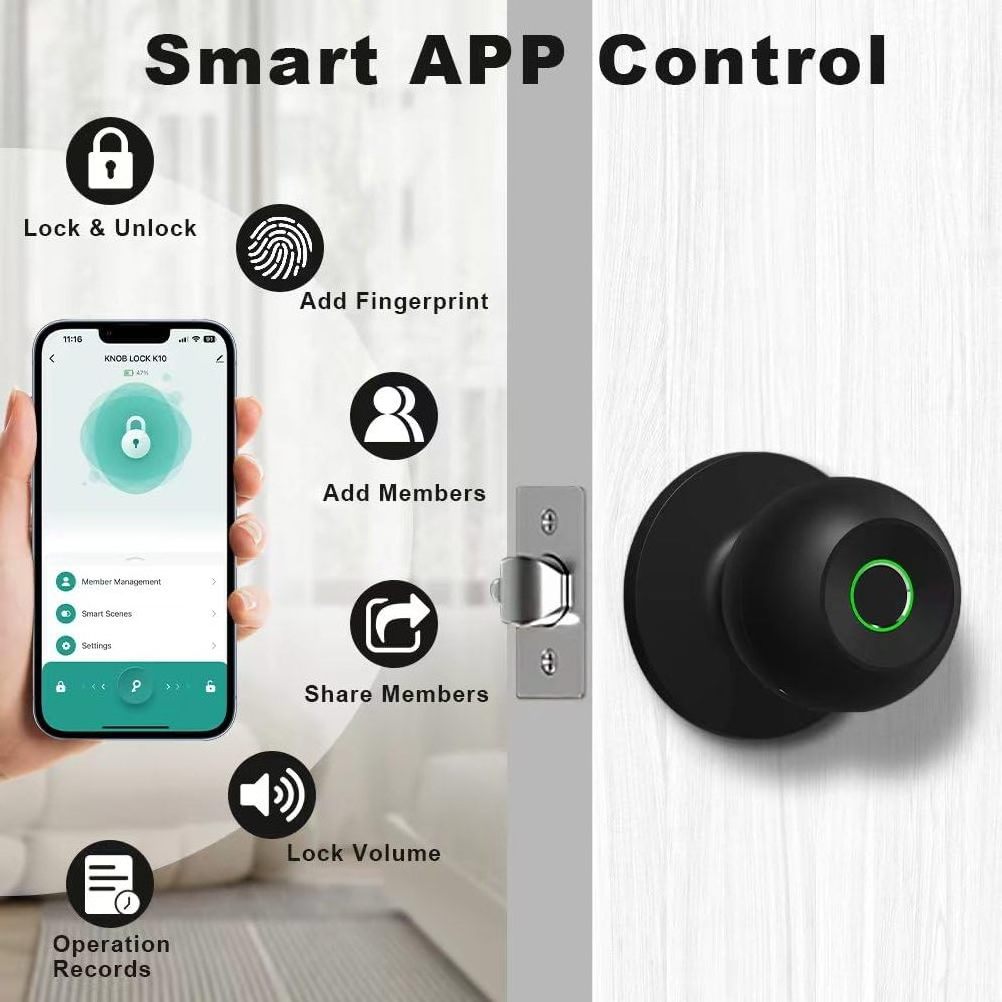 Home Bedrooms Office  Fingerprint Biometric Door Lock Intelligent Electronic Tuya APP Mobile Control Smart Digital Knob Lock