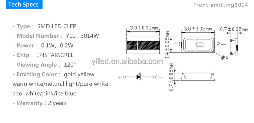 Epistar chip  0.1w  3014 white front  emitting led light