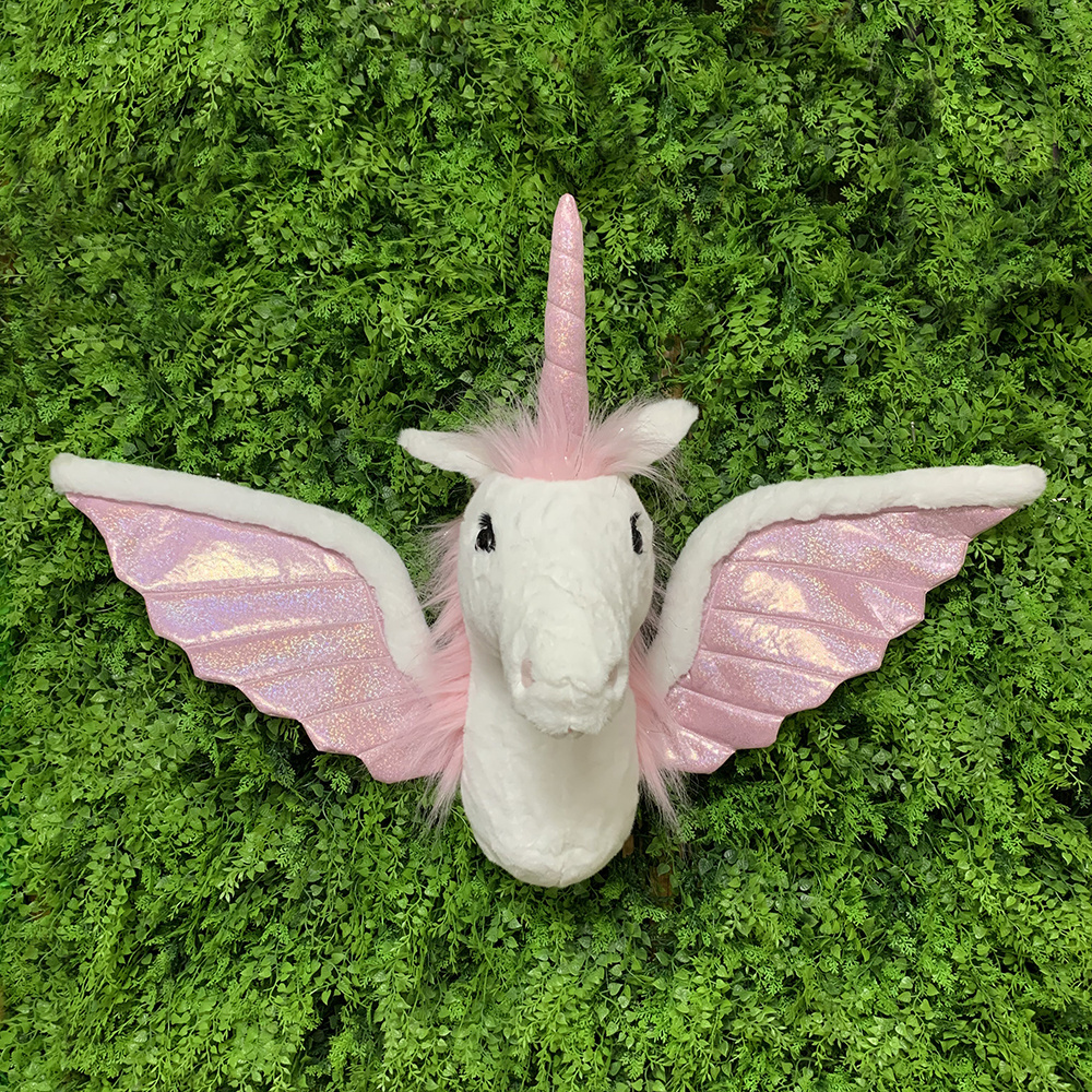 Dreamy Stuffed Animal Wall Decoration Girl Heart Head Pink Flying Unicorn Plush Toy Hanging Nursery Room