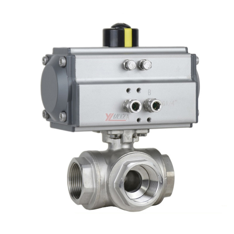 YOULI NPT BSP 2 inch 1.6-6.4Mpa stainless steel high temperature 304 316  threaded 3 way Pneumatic actuator ball valve