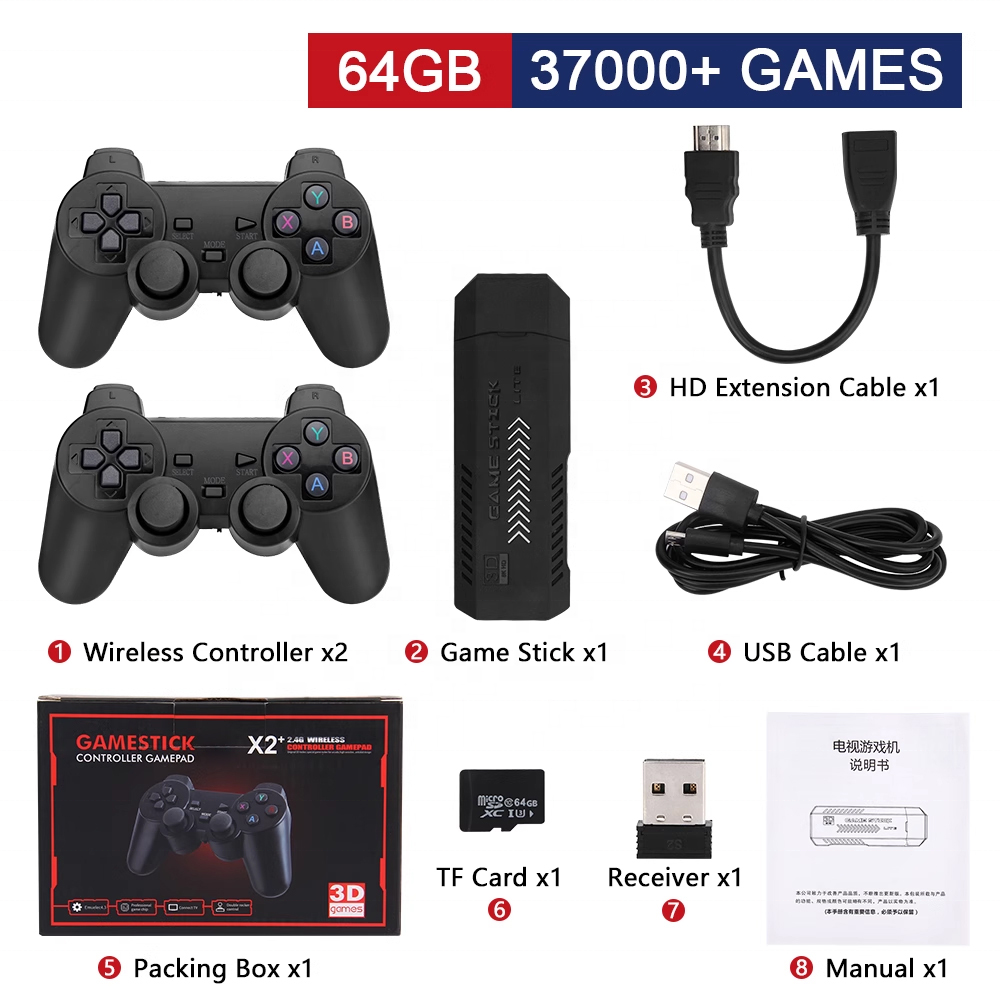 YLW Newest X2 Games 3D HD Family 4K Video Game Stick TV Console Retro 64G Portable Consola For 30000 Game stick GD10