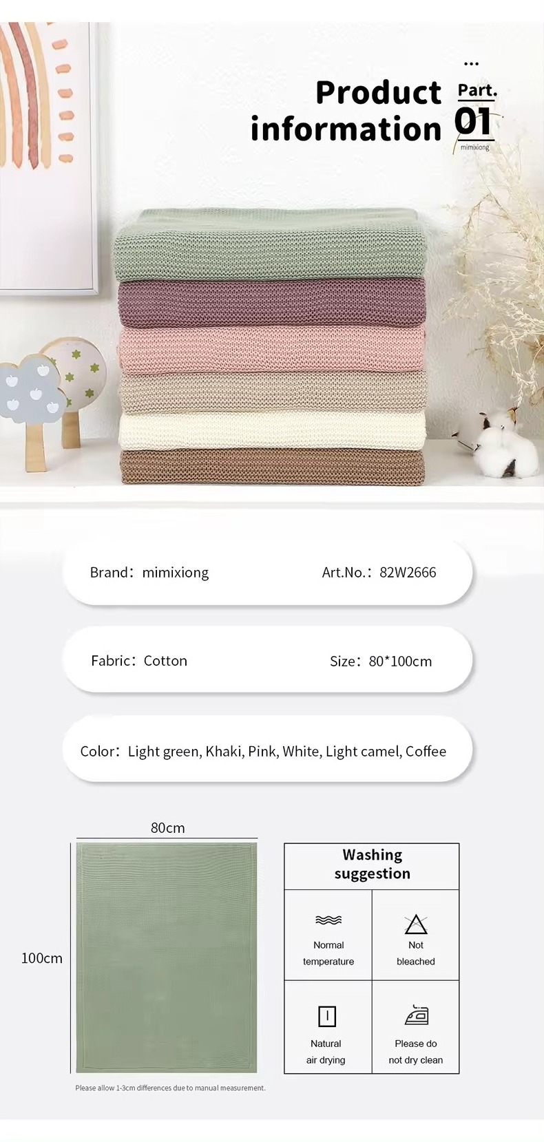 Custom 100% Cotton Baby Knitted Blanket Solid Color  80*100 cm Soft and Warm Blanket Bedding for Infant