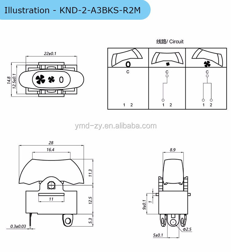 YMD KND-2-A3BKS-R2M rocker switch 3 pin single pole three position hair dryer switch