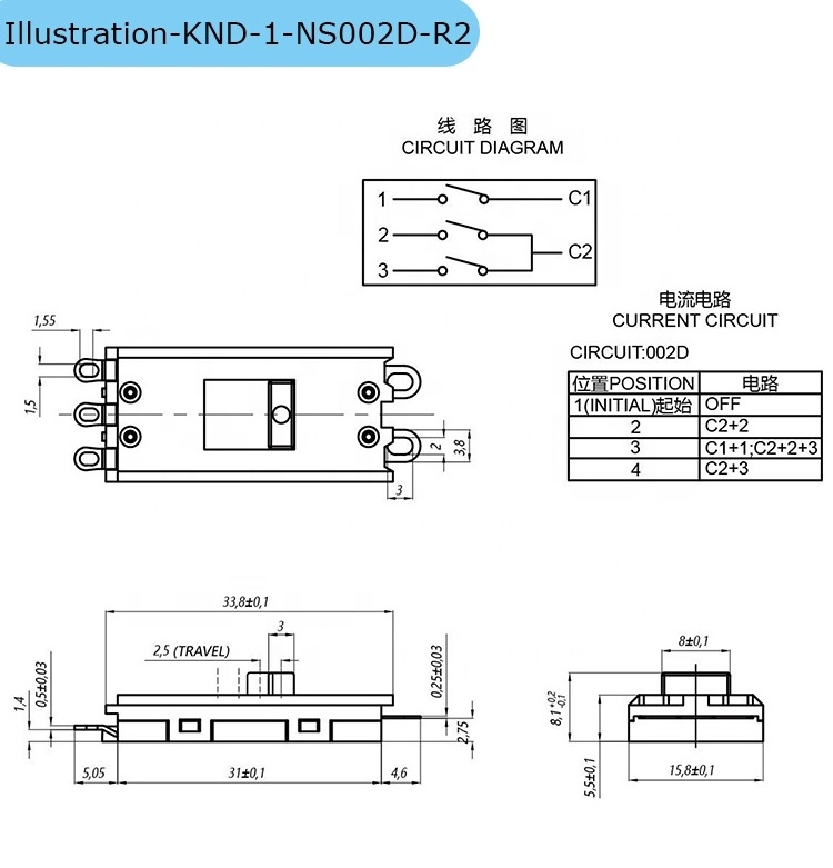 KND-1-NS002D-R2 4 position way slim slide switch for straight iron home appliances on off switch