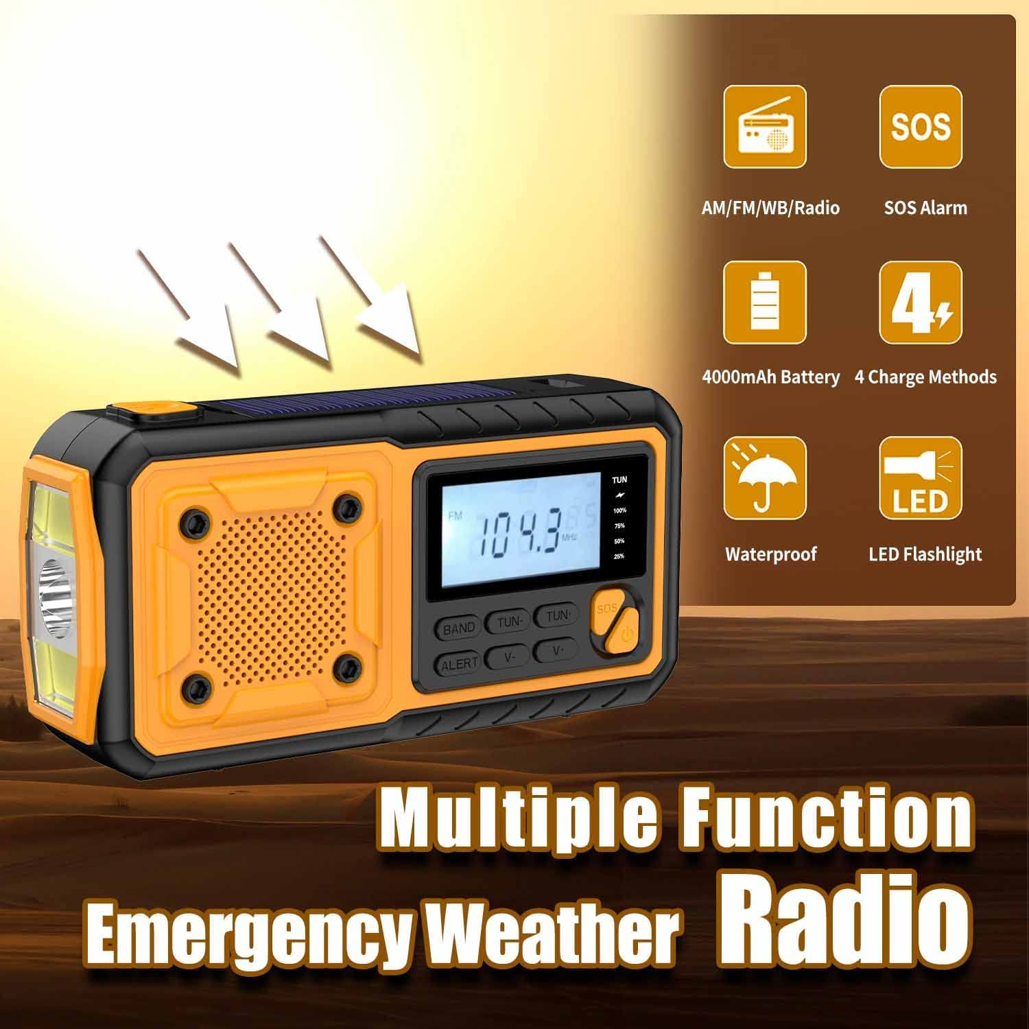 Emergency Hand Crank Weather Solar Radio, radios Portable Power Bank 4000mAh Hand Crank AM FM/NOAA Radio with LED Flashlights