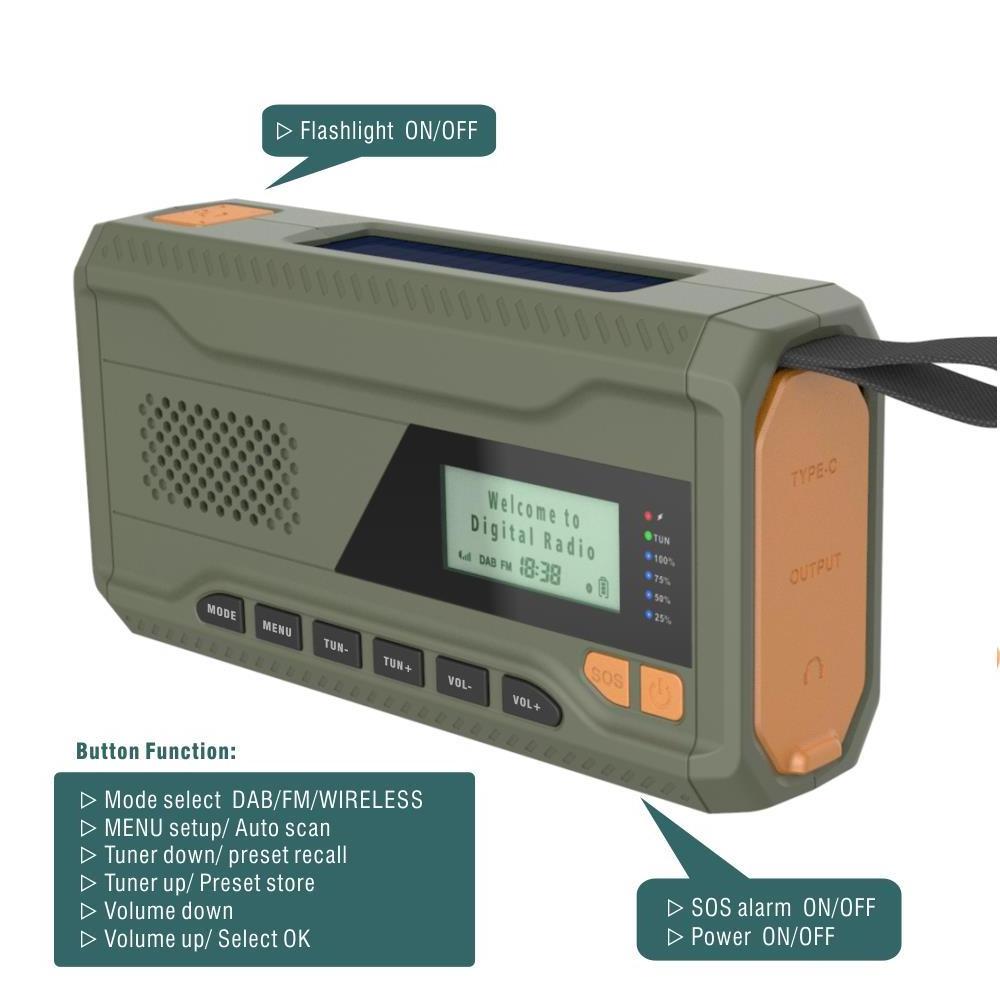 Emergency radio DAB, Portable  FM BT Hand Crank Solar Radio with SOS Alarm LED Flashlight 4500mAh Power Bank for Phone