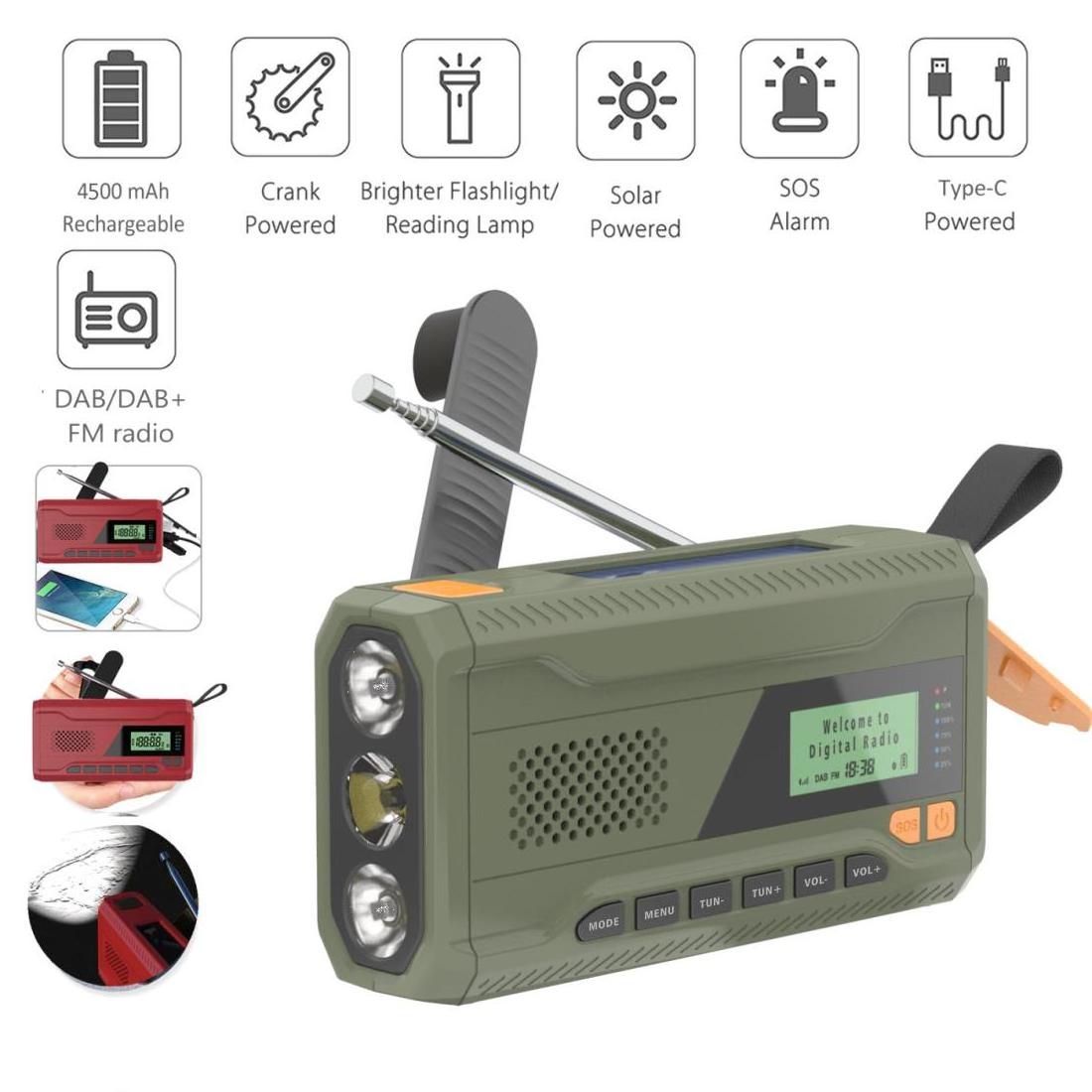 Emergency radio DAB, Portable  FM BT Hand Crank Solar Radio with SOS Alarm LED Flashlight 4500mAh Power Bank for Phone