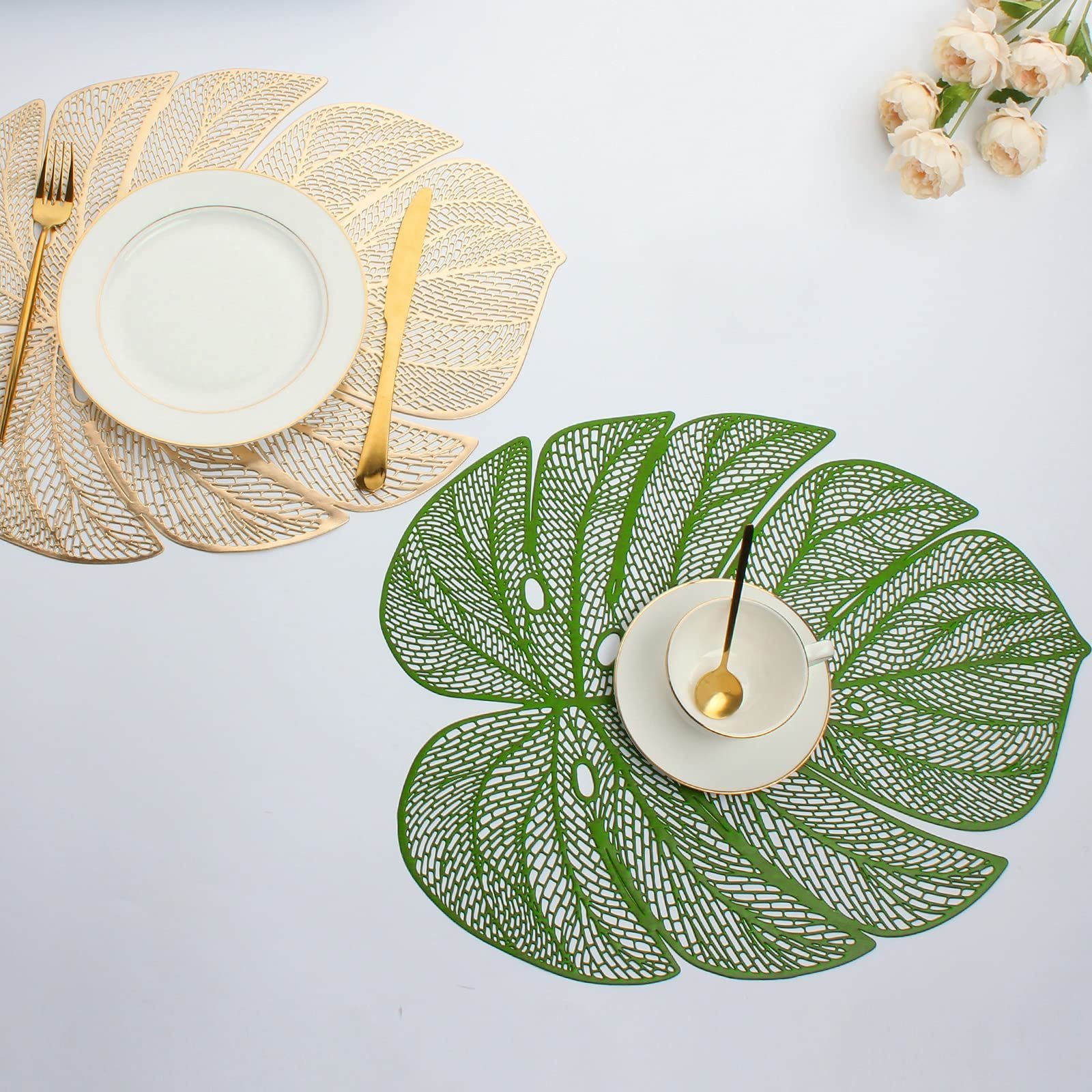 Wipeable Metallic Plastic Green Place Mats Leaf Shaped Vinyl Placemats for Dinner Table Heat Resistant Table Mats