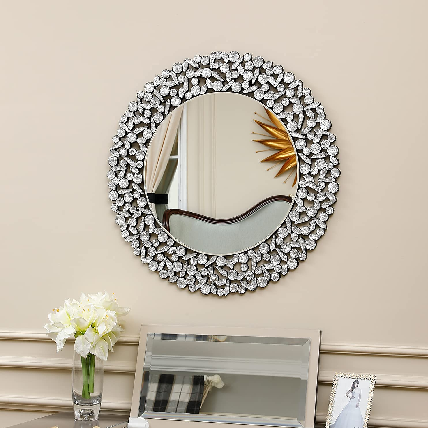 Large Antique Wall mounted Ornate Glass Framed Venetian Decor Round Wall Mirror for Bedroom Bathroom Living Room