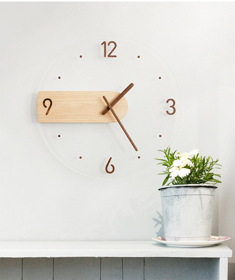 Creative Nordic Wall decor 16inch Silent Wooden Glass Round Quartz battery Sweep Movement wall clock for living room Home