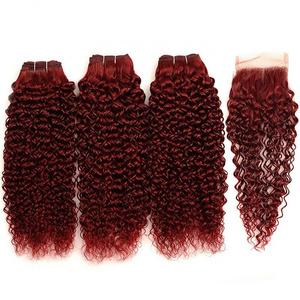 Red Bundles With Closure Burgundy 99J Brazilian Kinky Curly Human Hair 3 Bundles With Closure Non-Remy Red Bundles