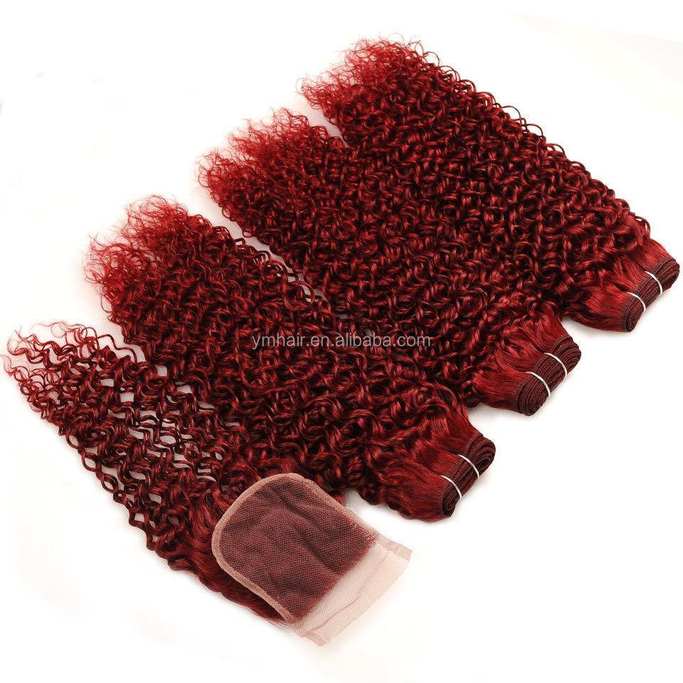 Red Bundles With Closure Burgundy 99J Brazilian Kinky Curly Human Hair 3 Bundles With Closure Non-Remy Red Bundles