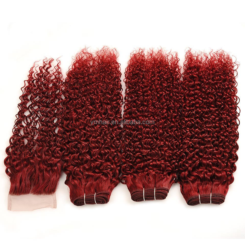 Red Bundles With Closure Burgundy 99J Brazilian Kinky Curly Human Hair 3 Bundles With Closure Non-Remy Red Bundles