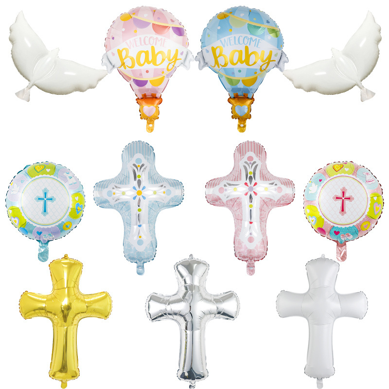 Gender Reveal Baptism Boys Girls Cross Aluminum Film Balloon Baptism Theme Party Balloons Mi Bautizo Decoration Foil Balloons