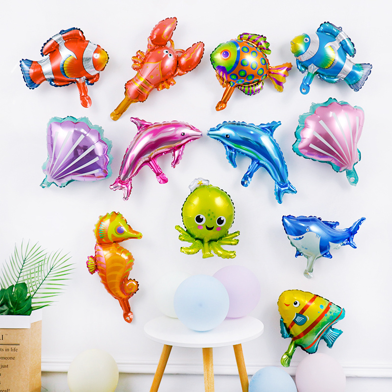 Ocean Cartoon Standing Animal Balloons Lobster Shark Fish Marine  Party Decoration Balloon Happy Birthday Aluminum Foil Balloon