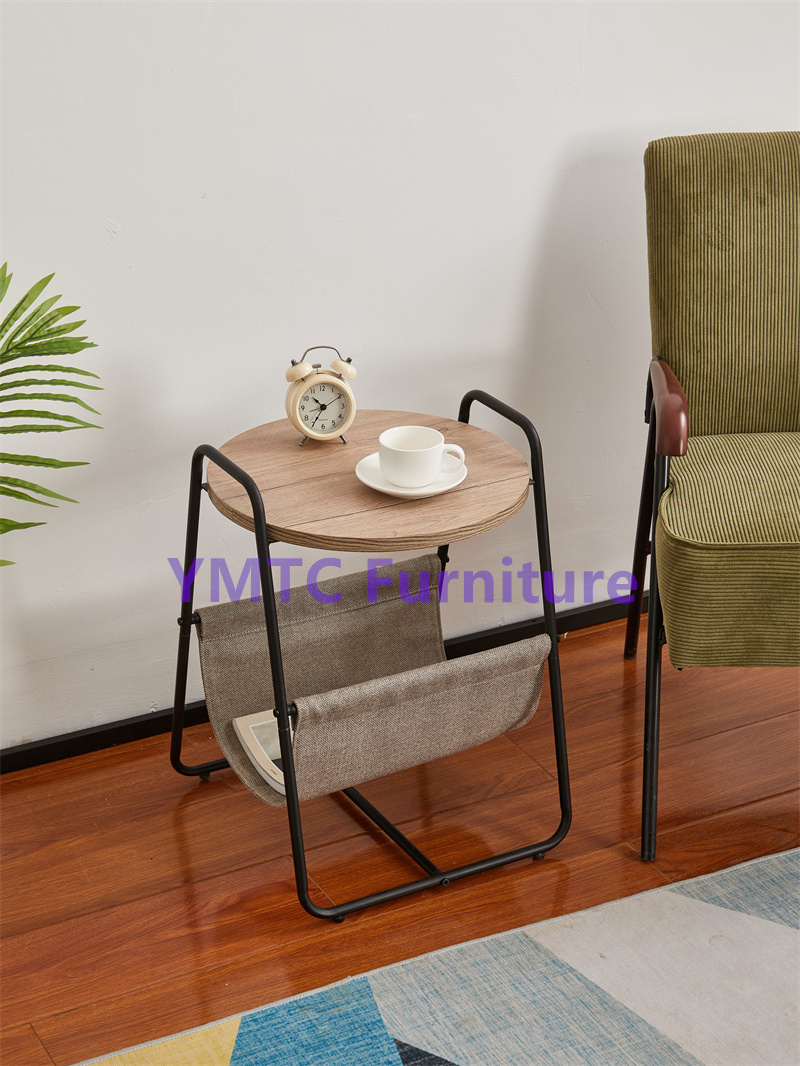 Round Table Iron Frame With Canvas Storage At The Bottom Side Table