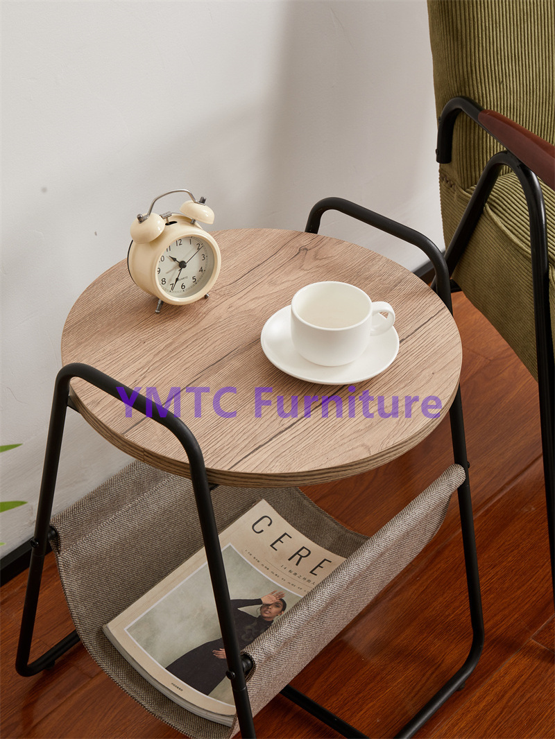 Round Table Iron Frame With Canvas Storage At The Bottom Side Table