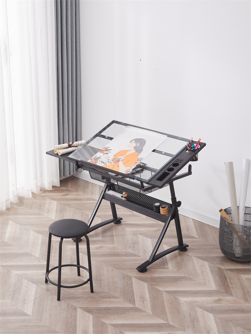 2 Drawers Adjustable Tilting Drawing Table Wooden Drafting Drawing Table Architecture drawing table with Stool