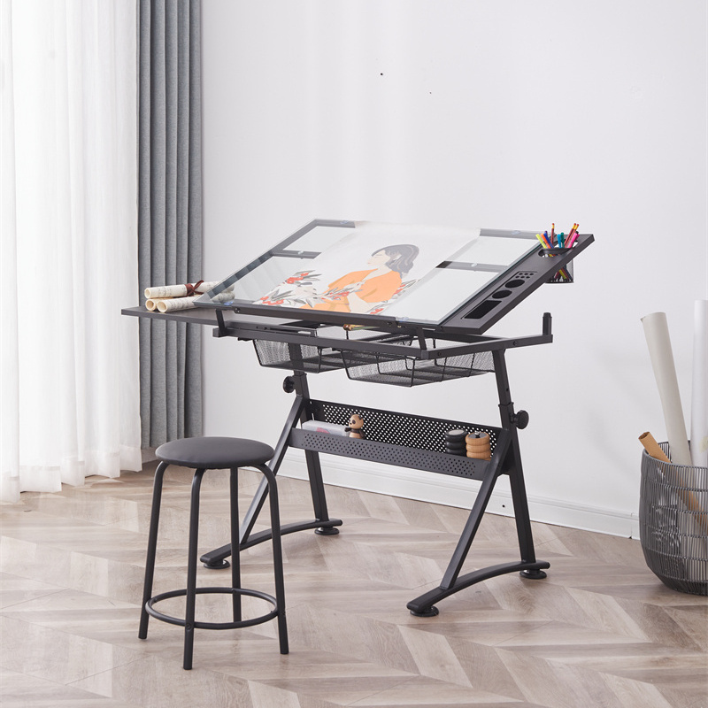 2 Drawers Adjustable Tilting Drawing Table Wooden Drafting Drawing Table Architecture drawing table with Stool