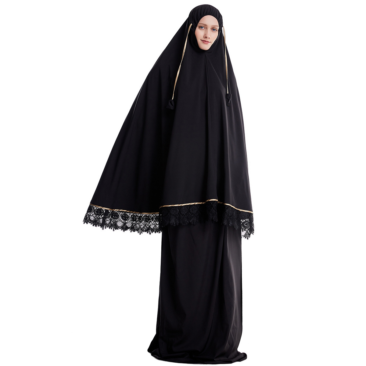 Black and White Islamic jilbab 2 piece abaya with tie hijab khimar niqabs set for Muslim women prayer dress