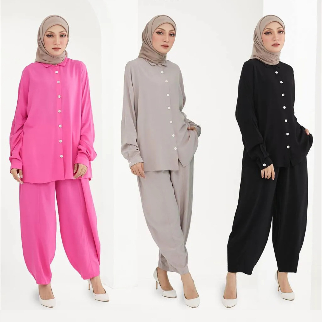 423 Top shirts and wide leg pants sets for women two pieces muslim abaya set 6 Macaron colors modest dress Malaysia designs abay