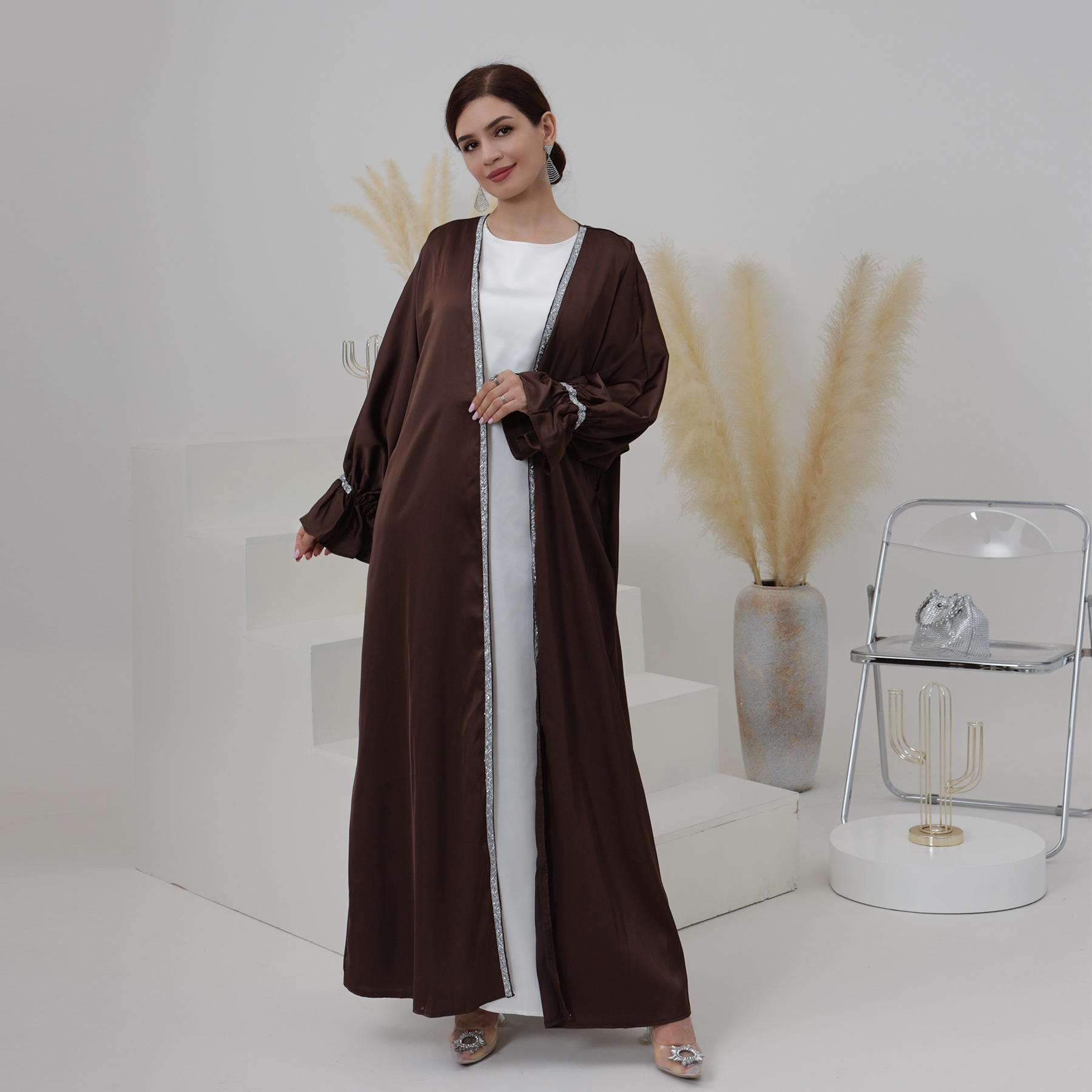 1321 Satin Silk Islamic Clothing Dubai Beaded Abaya Women Muslim Dress Modest 2 Piece Abaya Sets Cardigan Wholesa