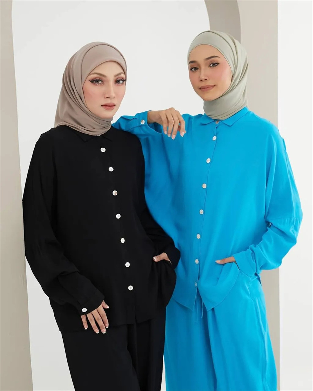 423 Top shirts and wide leg pants sets for women two pieces muslim abaya set 6 Macaron colors modest dress Malaysia designs abay