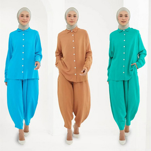 423 Top shirts and wide leg pants sets for women two pieces muslim abaya set 6 Macaron colors modest dress Malaysia designs abay