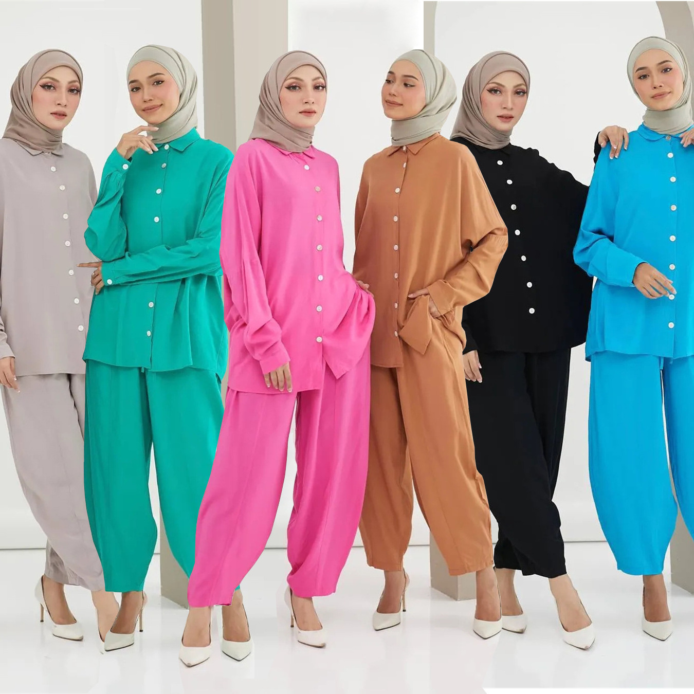 423 Top shirts and wide leg pants sets for women two pieces muslim abaya set 6 Macaron colors modest dress Malaysia designs abay