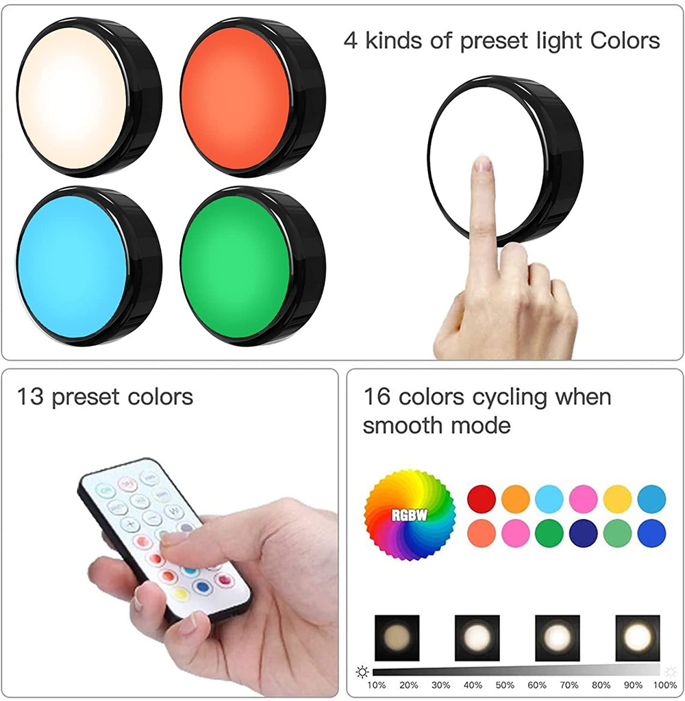 Remote Control LED Puck Lights Dimmable RGBW 13 Colors Kitchen Hallway Closet Cabinet Lights Touch Sensor Decor Night Lamp