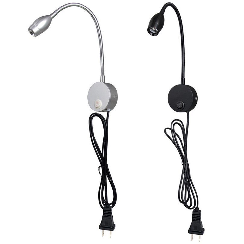 Flexible Pipe 3W LED Wall Sconce Lamp Fixture Reading Light On/Off Switch Plug Picture Spotlight Bedroom Black/Silver shell