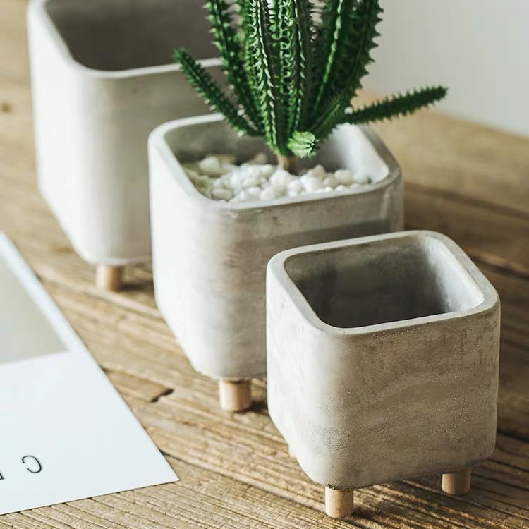 Modern cement flower pot desktop matte decorations cylinder square concrete planter small bonsai succulent plant pots with legs