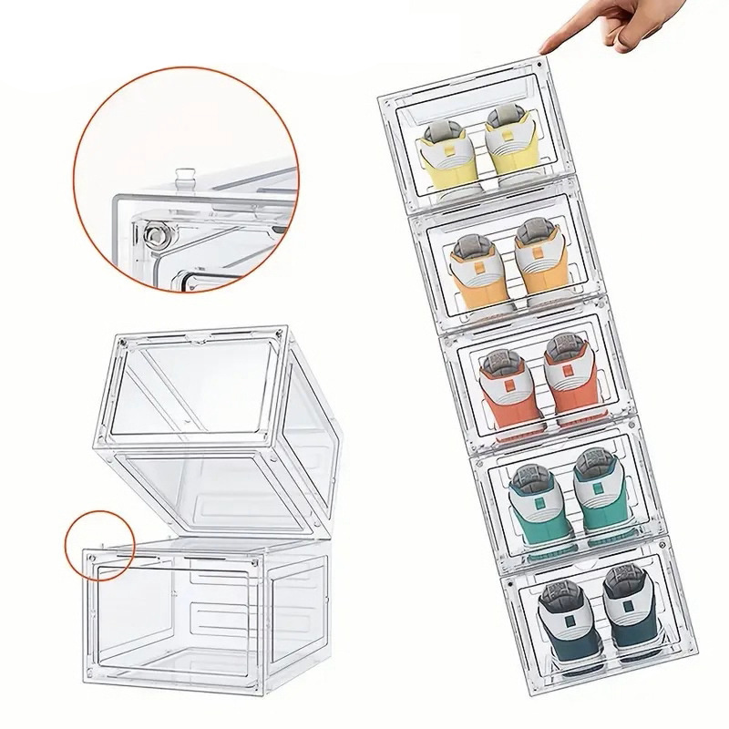 DS2519 Clear Plastic Stackable Shoe Organizer for Closet Space-Saving Foldable Shoe Rack For Sneaker Display Shoe Storage Box