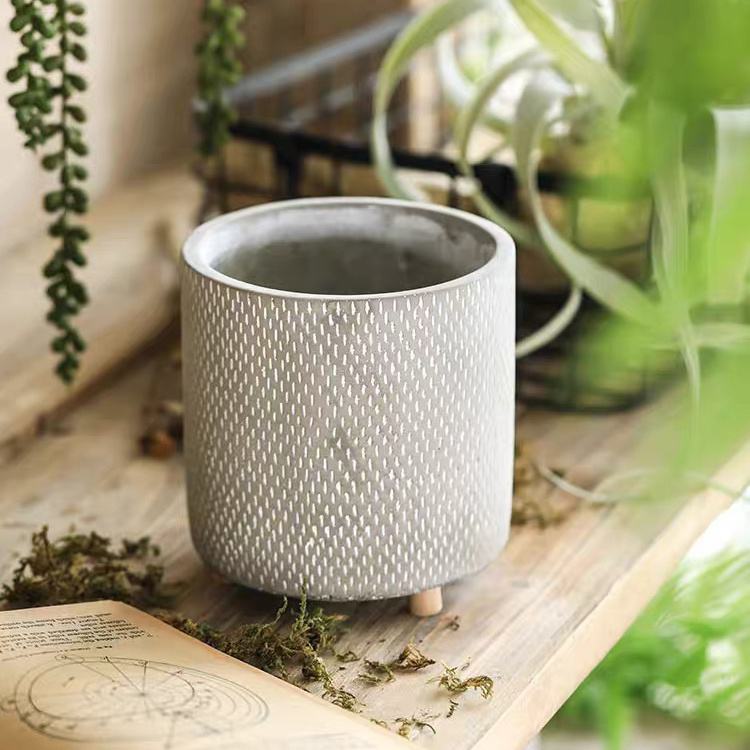 Cylindrical square concrete decorations flower pot de fleur cactus orchid succulent indoor cement planter pots with wooden legs