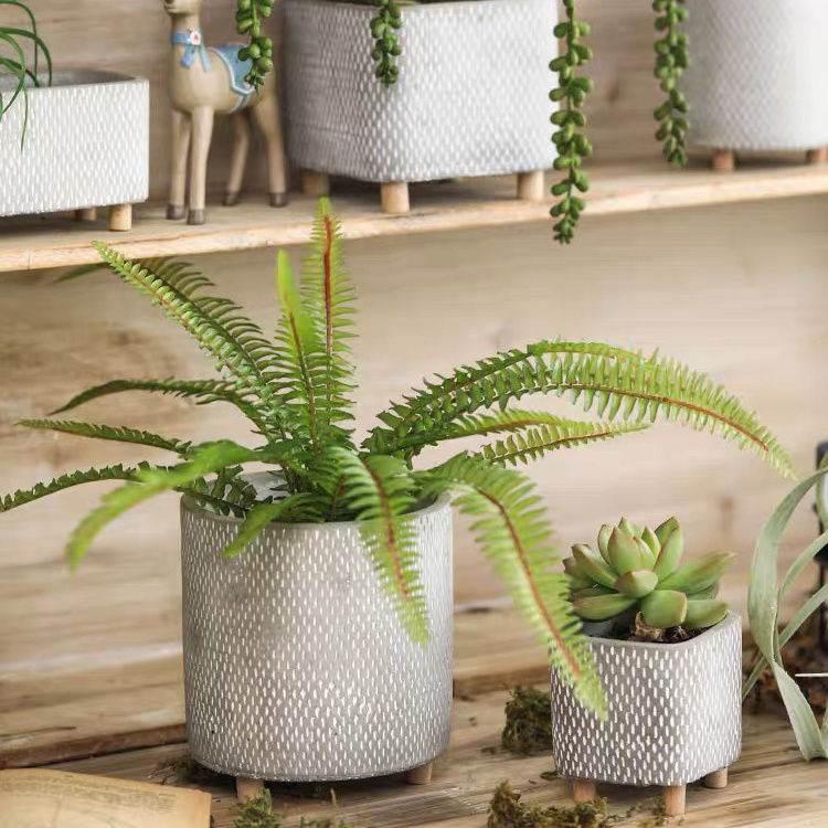 Cylindrical square concrete decorations flower pot de fleur cactus orchid succulent indoor cement planter pots with wooden legs