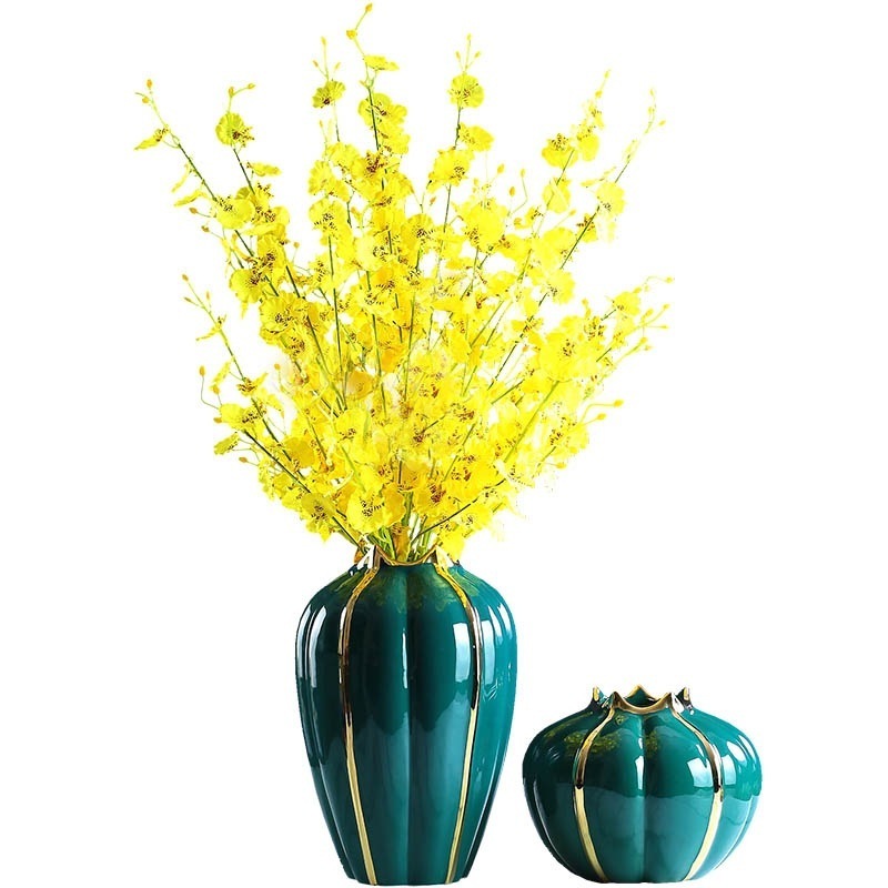 Modern Glazed Ceramic Art Decor Green Gold Pumpkin Vase for Home or Wedding Artificial Flower Ornaments