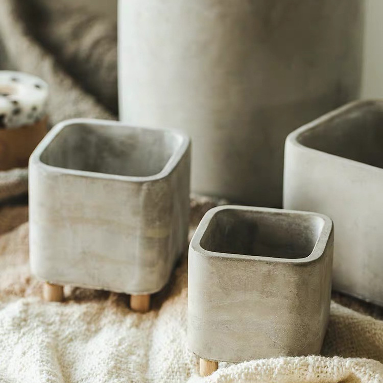 Modern cement flower pot desktop matte decorations cylinder square concrete planter small bonsai succulent plant pots with legs