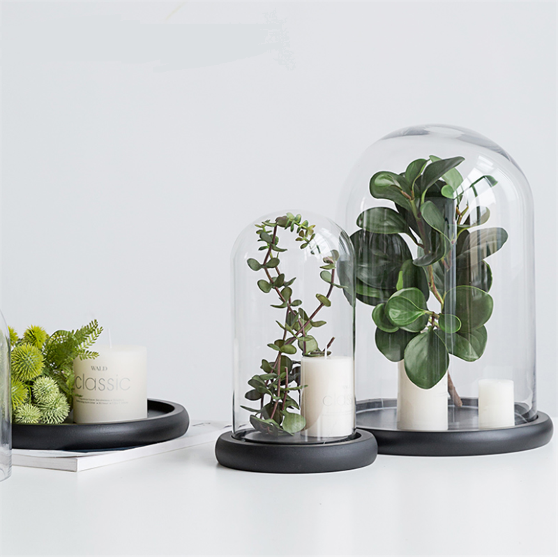 Tabletop Centerpiece Cloche Bell Jar Display Case Black MDF Base Decorative Clear Glass Dome