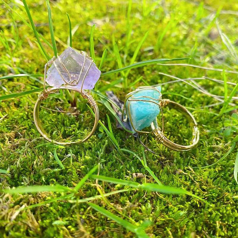 Natural Aquamarine Irregular Gemstone Rings Healing Rock Rough Crystal Wire Wrap Raw Stone Ring Jewelry