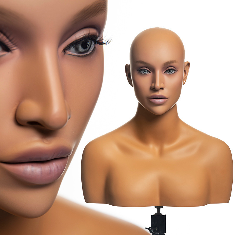 Realistic Fiberglass Female Mannequin Head Makeup Female Head Mannequin With Shoulder For Wig Display