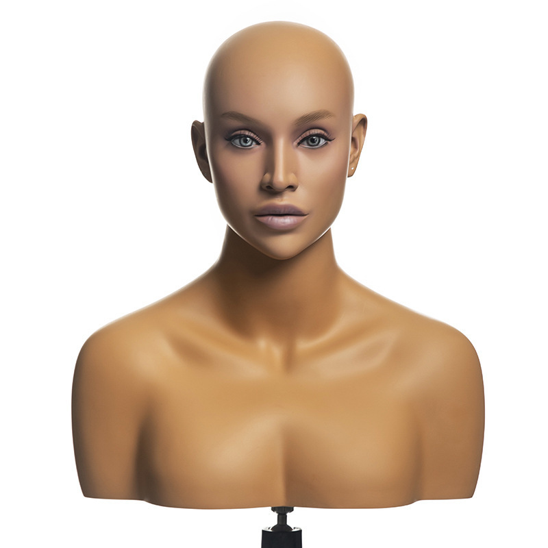 Realistic Fiberglass Female Mannequin Head Makeup Female Head Mannequin With Shoulder For Wig Display