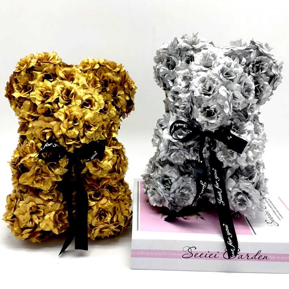 Wholesale 25 cm 40cm gold artificial silk flower bear styrofoam rose bears for Valentine gift