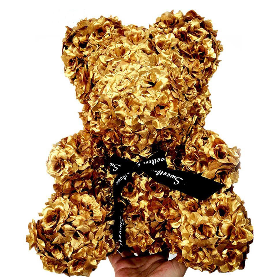 Wholesale 25 cm 40cm gold artificial silk flower bear styrofoam rose bears for Valentine gift