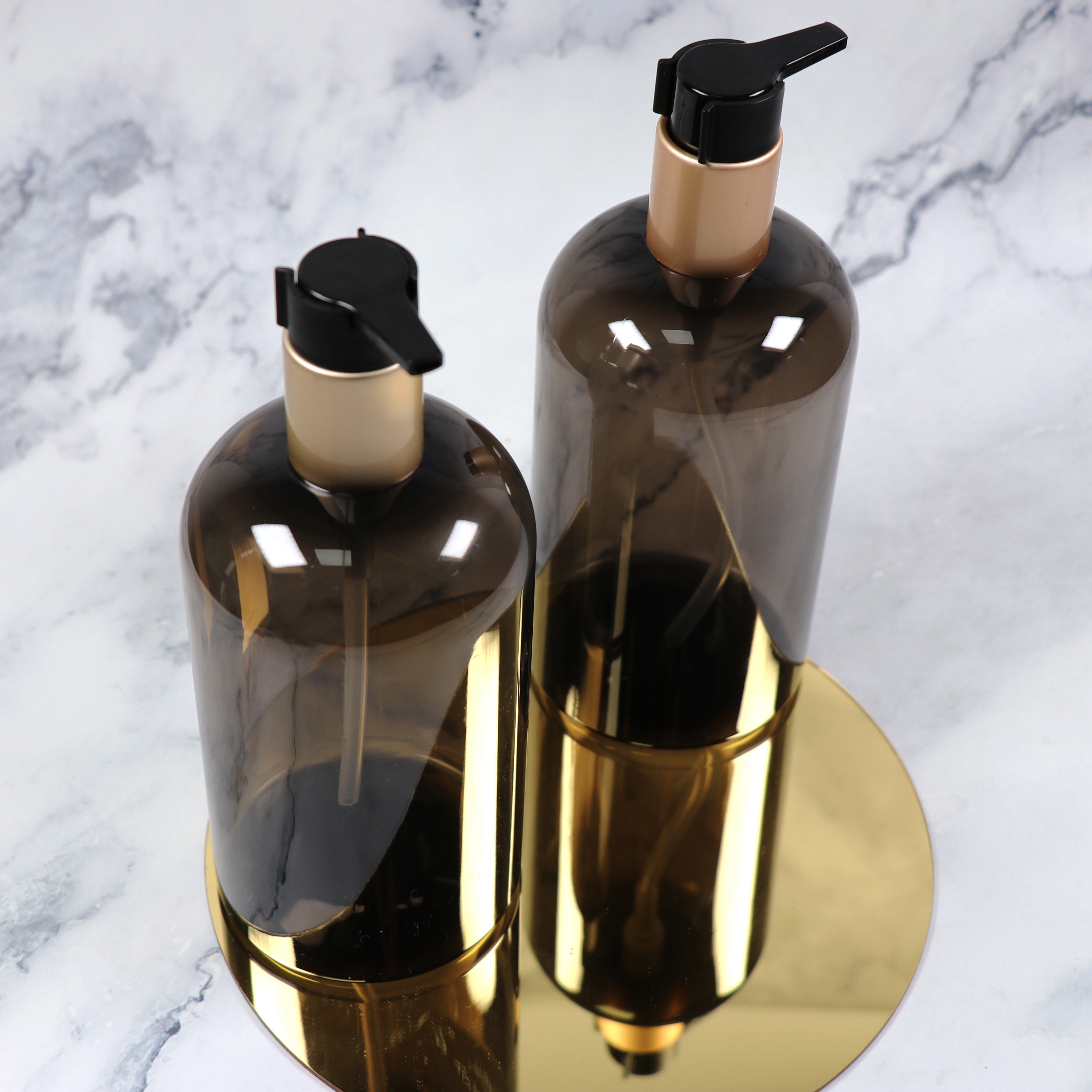 Private label printing 16 oz round empty 500 ml semi-transparent black plastic shampoo bottle with matte gold  pump